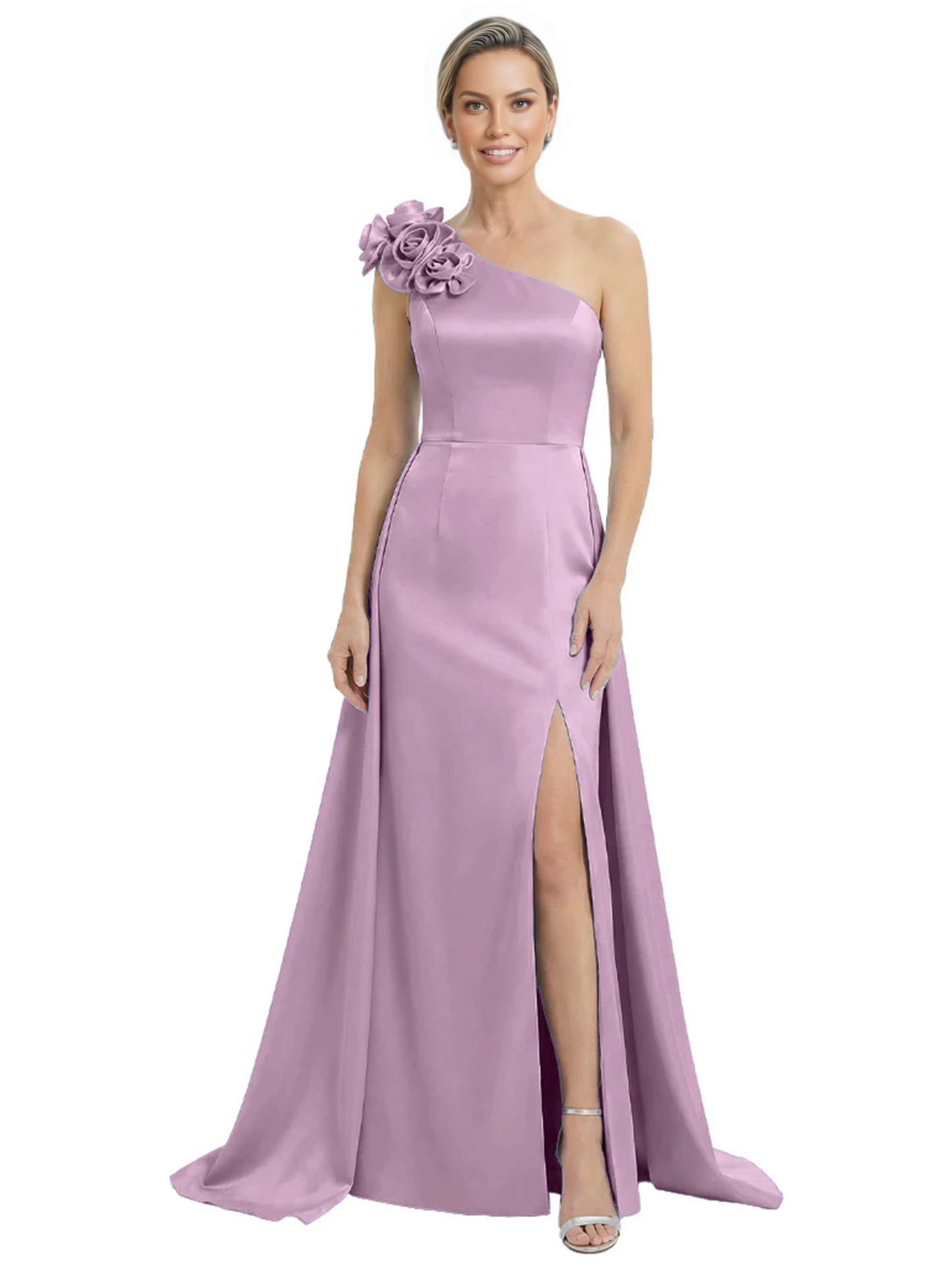 One Shoulder Mother of the Bride Dress with 3D Floral Detail Formal Dress A-Line Gowns with Slit
