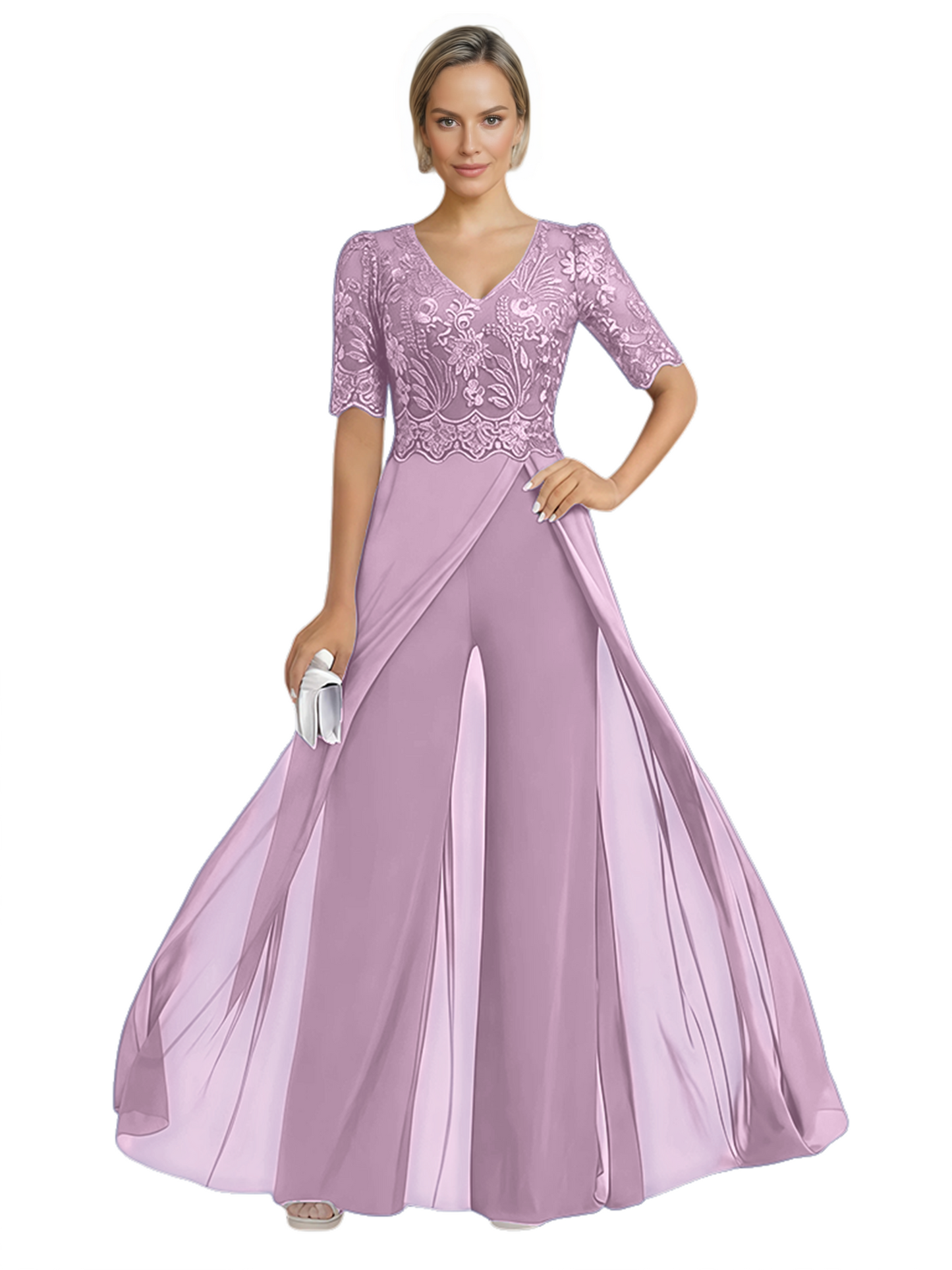 V-Neck Chiffon Mother of the Brides Jumpsuits Dresses Floor Length A-Line Lace