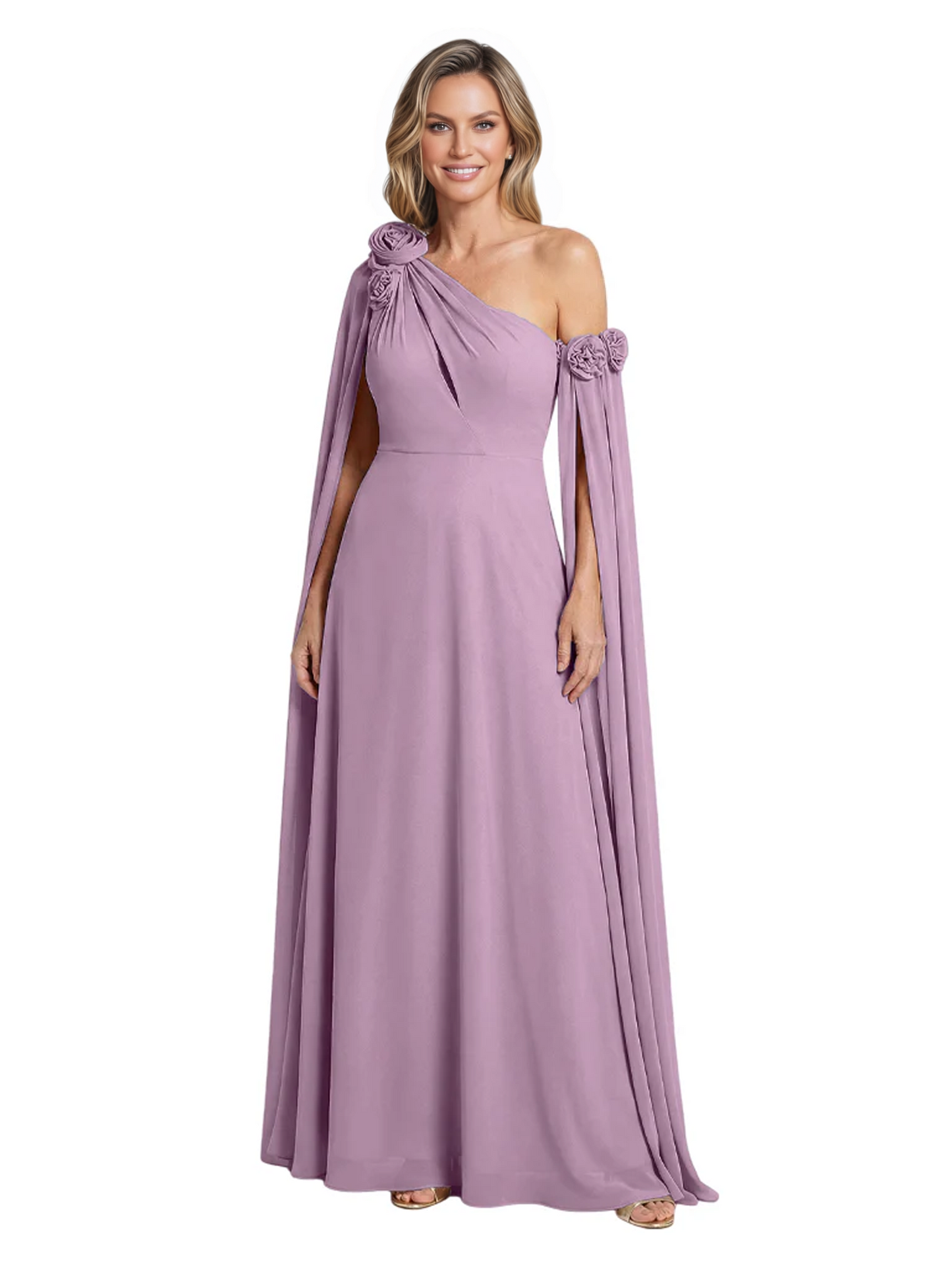 One Shoulder Mother of the Bride Dress Asymmetrical Cape Sleeve Gown with Floral