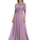 Illusion Neck Mother of the Bride Dress Half Sleeve Lace Applique Gowns Chiffon