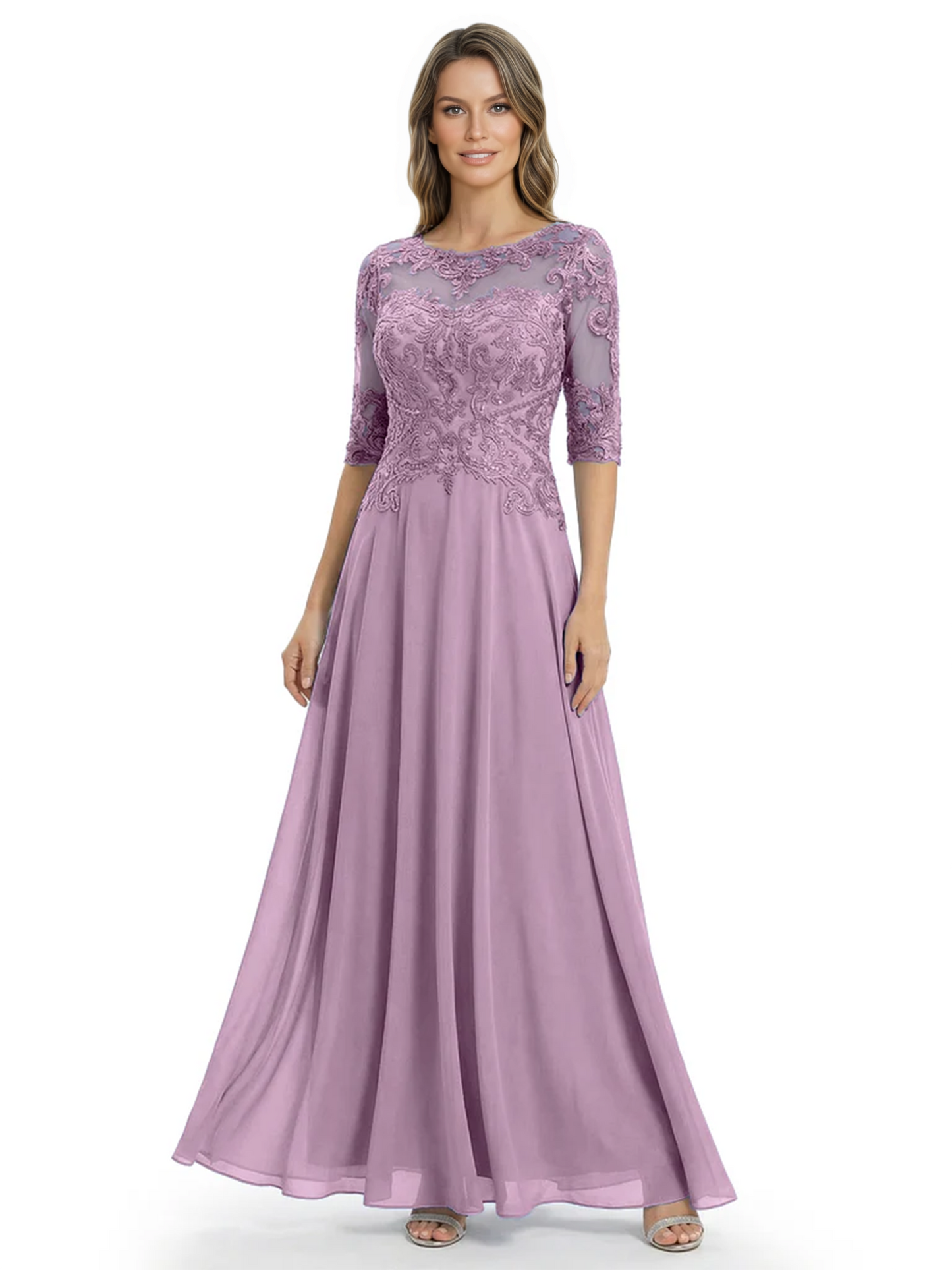 Illusion Neck Mother of the Bride Dress Half Sleeve Lace Applique Gowns Chiffon