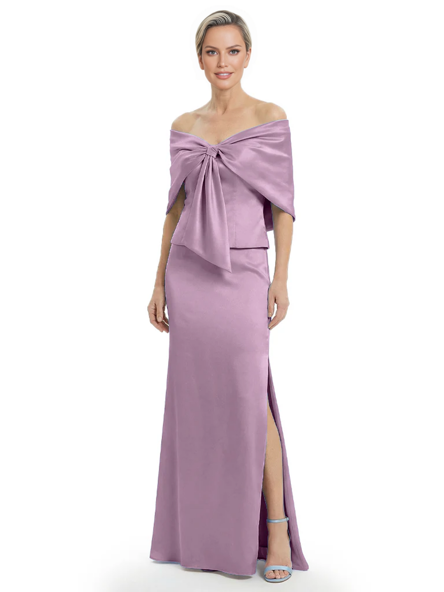 Formal Floor-Length Mother of the Bride Gown Satin Maxi Dress with Bow Neckline
