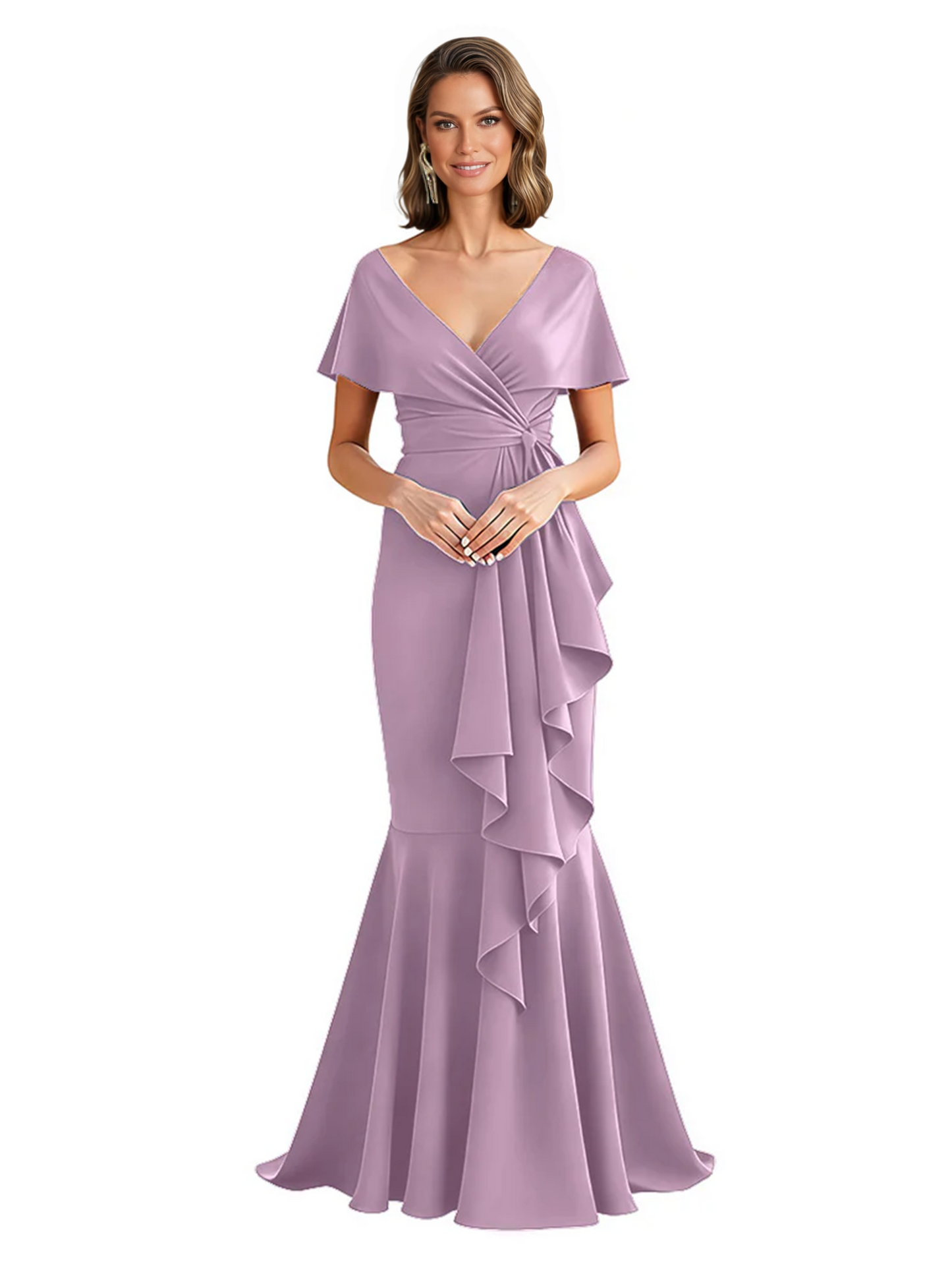 Satin Mother of the Bride Dress with Cascading Ruffles and Mermaid Tail V-Neck