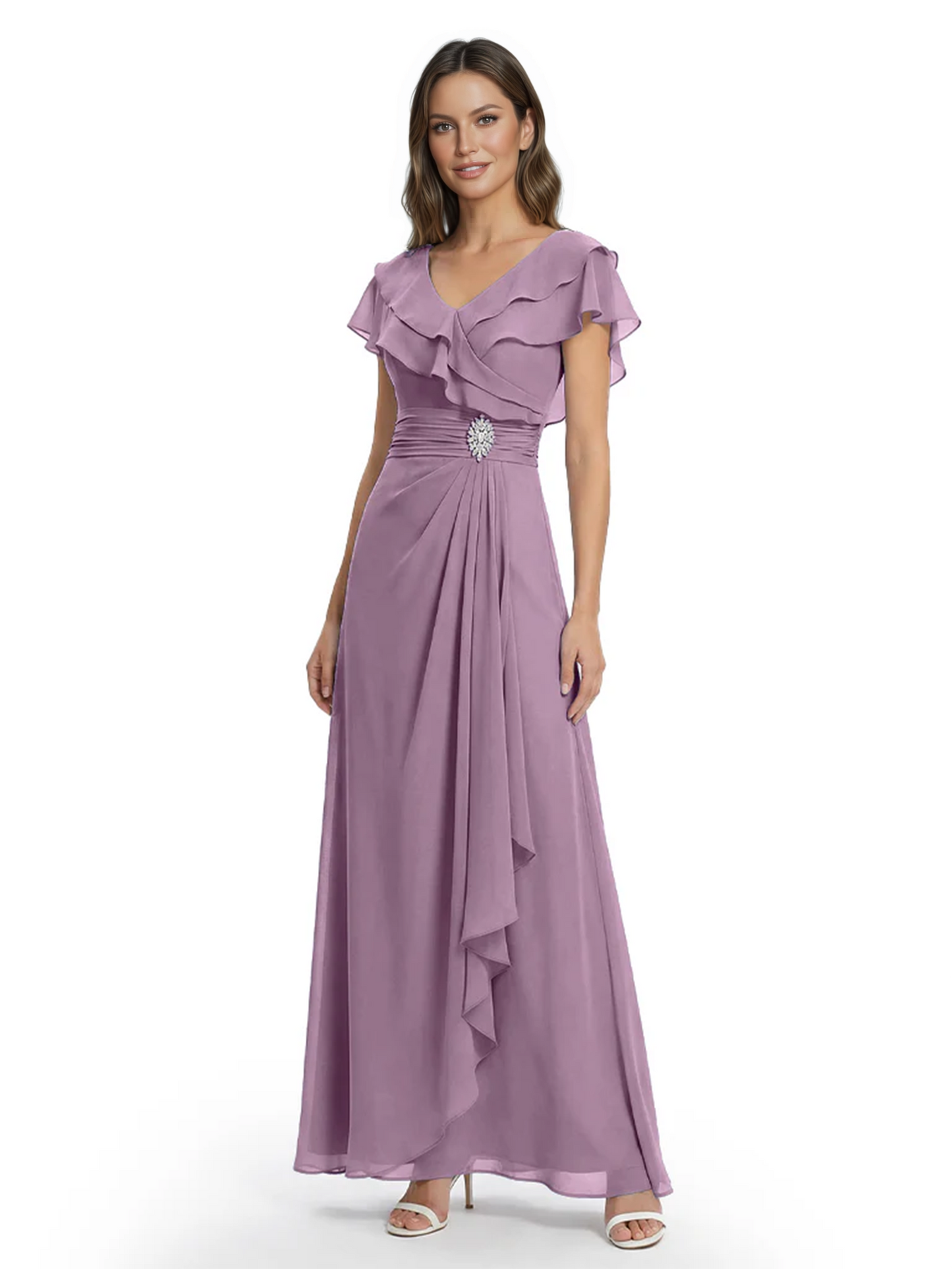 Elegant Mother of the Groom Dress Cascading Ruffle Chiffon Formal Gown Rhinestone