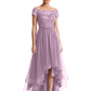 Formal High-Low Mother of the Bride Gown Short Sleeve Lace Maxi Dress with Tiered Skirt