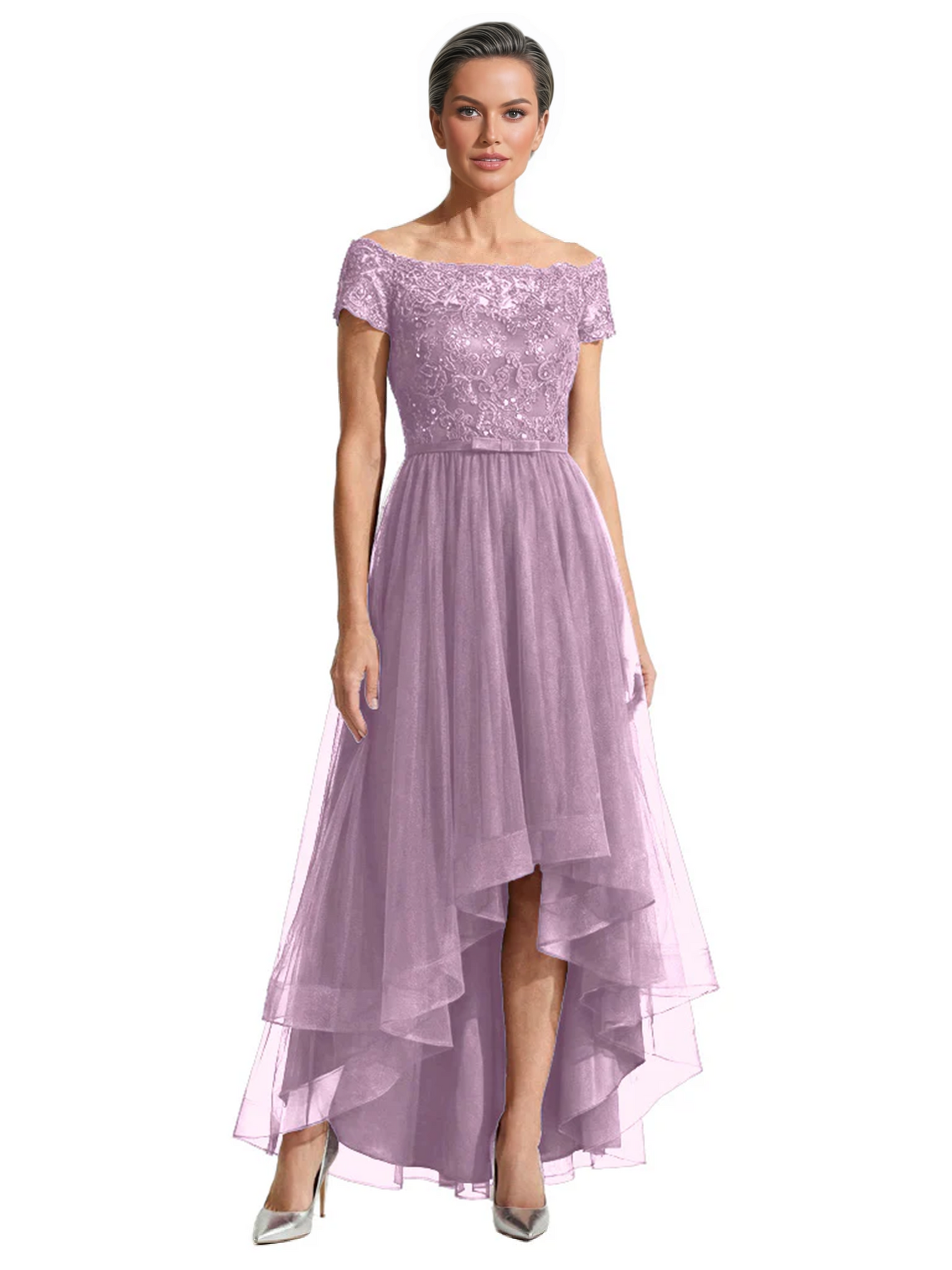 Formal High-Low Mother of the Bride Gown Short Sleeve Lace Maxi Dress with Tiered Skirt