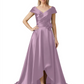 Off Shoulder Mother of the Bride Dress High-Low Satin Gown with Portrait Neckline