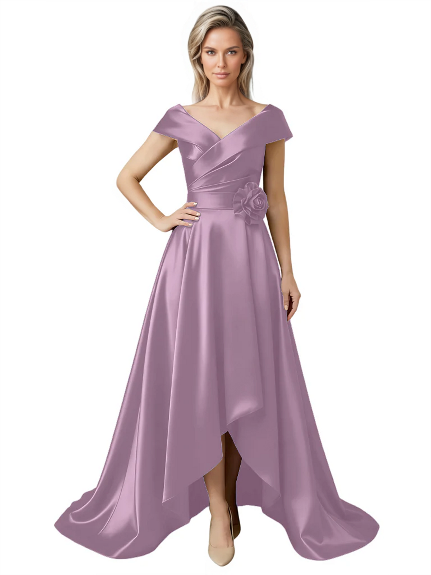 Off Shoulder Mother of the Bride Dress High-Low Satin Gown with Portrait Neckline