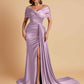 Elegant Soft Satin V-neck Off-the-Shoulder Side-Slit Mermaid Bridesmaid Dresses
