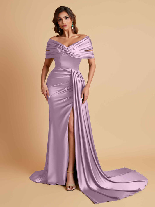 Elegant Soft Satin V-neck Off-the-Shoulder Side-Slit Mermaid Bridesmaid Dresses