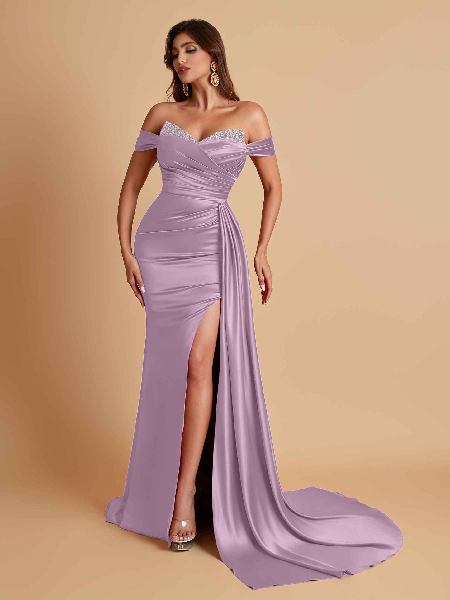 Gorgeous Soft Satin V-neck Off-the-Shoulder Side-Slit Mermaid Bridesmaid Dresses