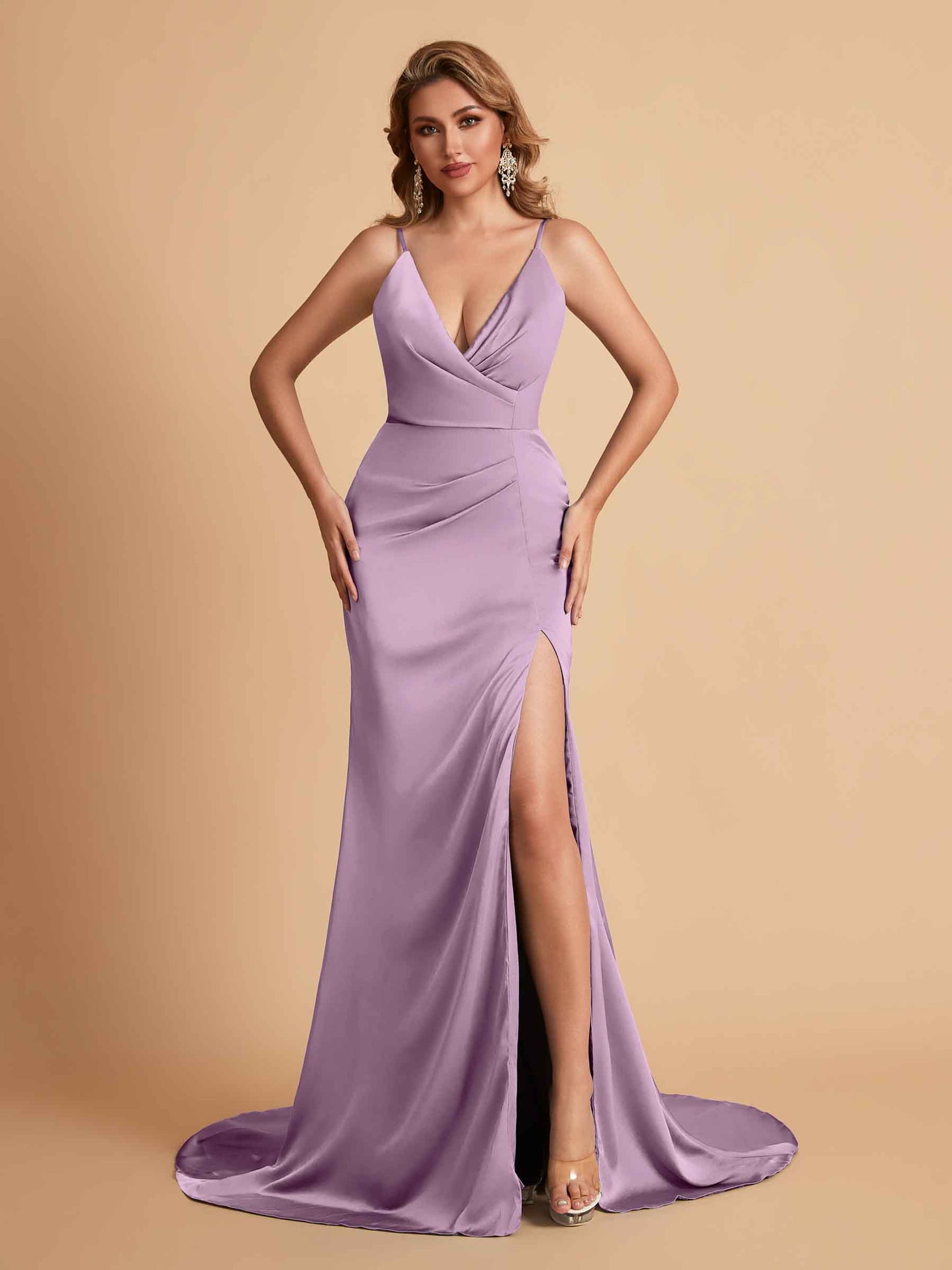 Elegant Satin Spaghetti Straps V-Neck Mermaid Side Slit Floor Length Bridesmaid Dresses