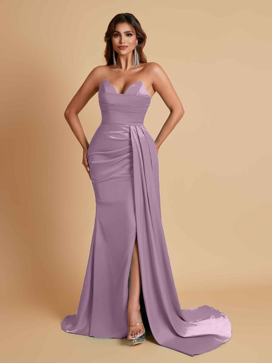 Gorgeous Strapless Soft Satin Side Slit Floor-Length Mermaid Bridesmaid Dresses