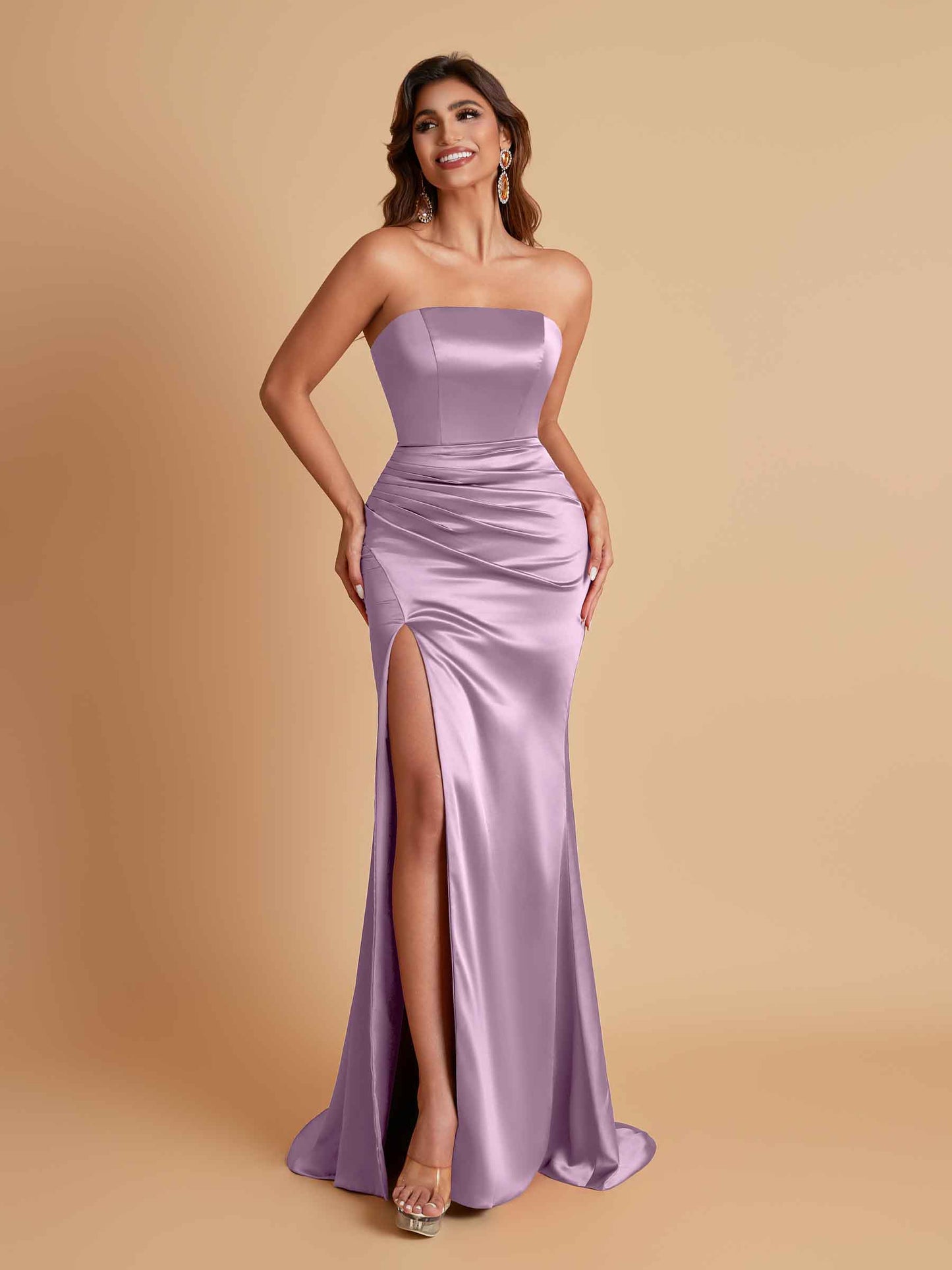 Elegant Soft Satin Strapless Split Side Mermaid Bridesmaid Dresses
