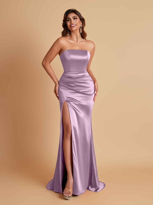 Elegant Soft Satin Strapless Split Side Mermaid Bridesmaid Dresses