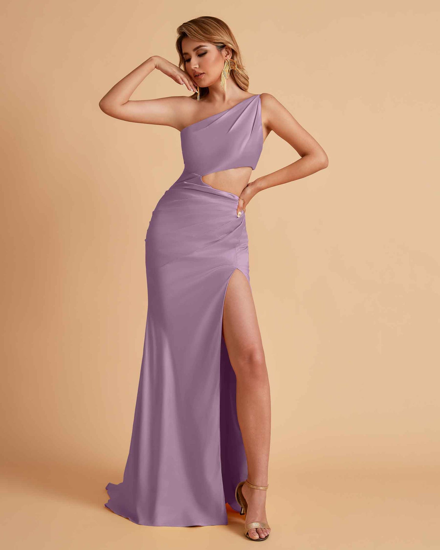 Sexy One-Shoulder Waist Cutout With High Split Floor-Length Bridesmaid Dresses