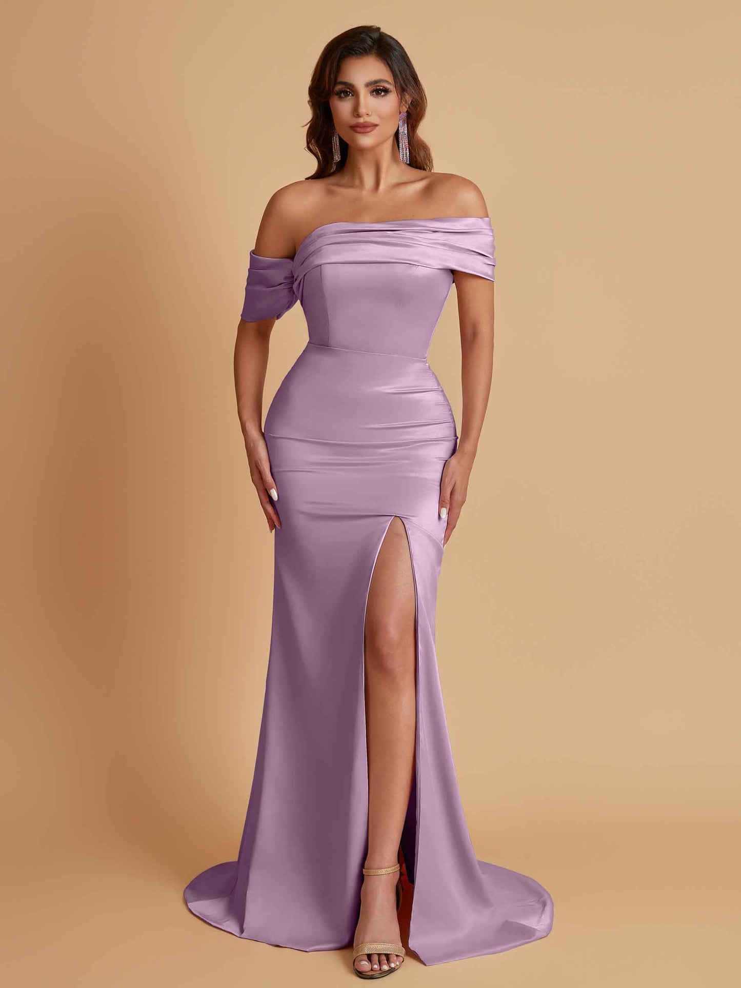 Elegant Soft Satin Mermaid Off Shoulder Asymmetrical Side Slit Floor-Length Bridesmaid Dresses