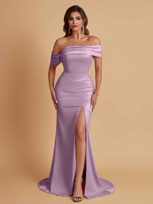 Elegant Soft Satin Mermaid Off Shoulder Asymmetrical Side Slit Floor-Length Bridesmaid Dresses