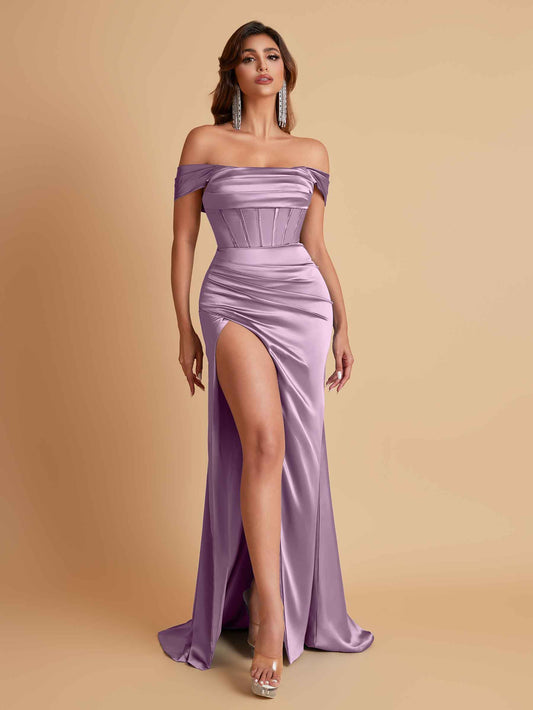 Sexy Off the Shoulder Soft Satin Side Slit Floor-Length Mermaid Bridesmaid Dresses