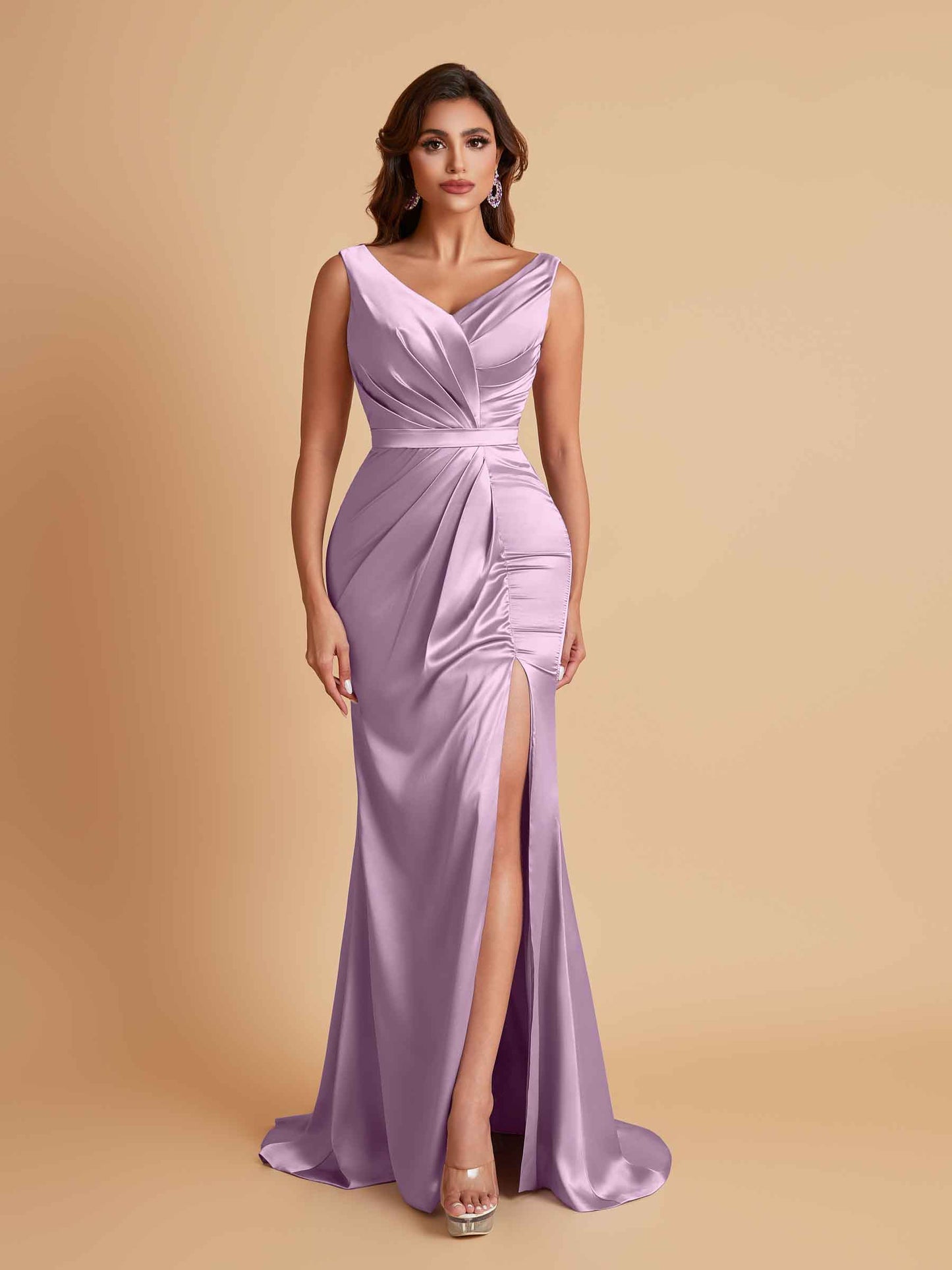 Elegant V Neck Soft Satin Side Slit Floor-Length Mermaid Bridesmaid Dresses