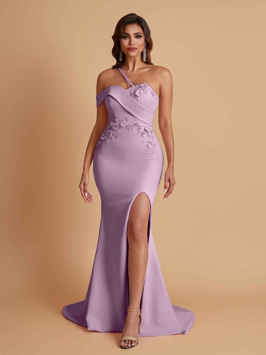 Sexy Soft Satin Mermaid One Shoulder Asymmetrical Side Slit Floor-Length Bridesmaid Dresses