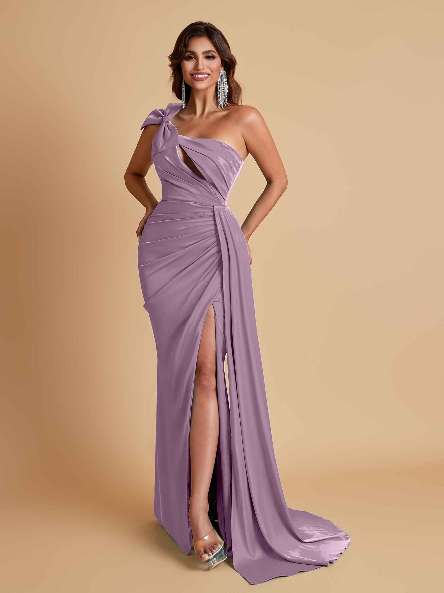 Gorgeous One Shoulder Bow Knot Soft Satin Side Slit Floor-Length Mermaid Bridesmaid Dresses