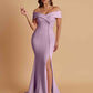 Elegant Soft Satin Mermaid Off Shoulder Side Slit Floor-Length Bridesmaid Dresses