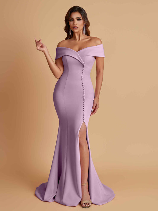 Elegant Soft Satin Mermaid Off Shoulder Side Slit Floor-Length Bridesmaid Dresses