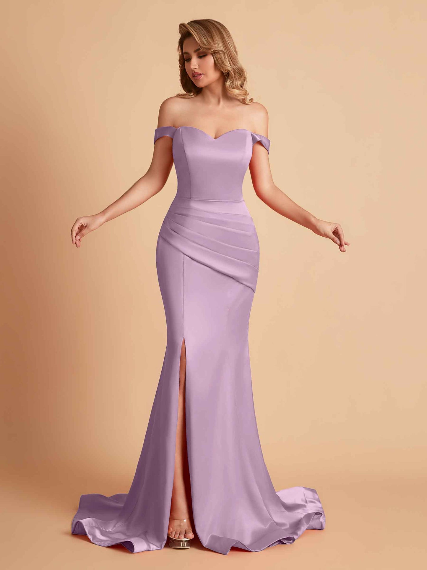 Elegant Satin Off the Shoulder Mermaid Side Slit Floor Length Bridesmaid Dresses