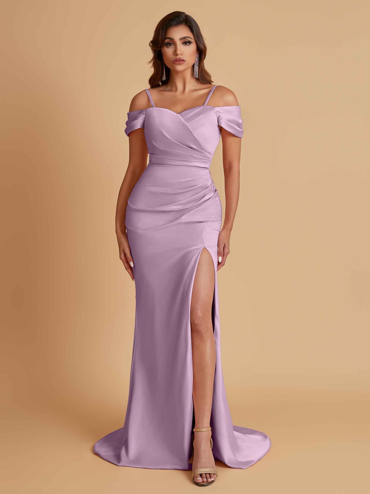Sexy Soft Satin Mermaid Cold Shoulder Side Slit Floor-Length Bridesmaid Dresses Online