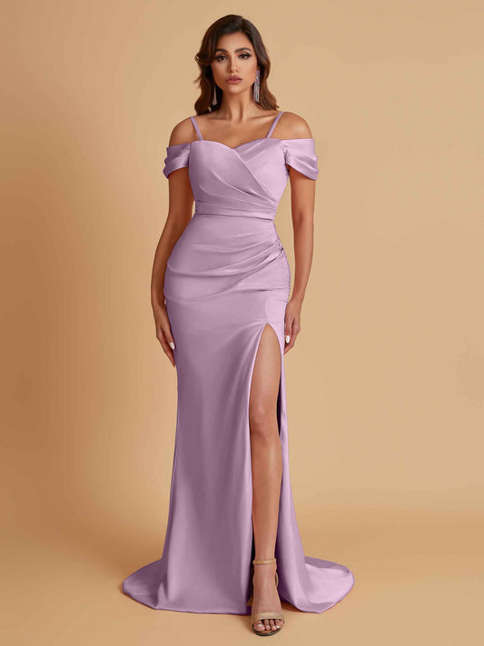 Sexy Soft Satin Mermaid Cold Shoulder Side Slit Floor-Length Bridesmaid Dresses Online
