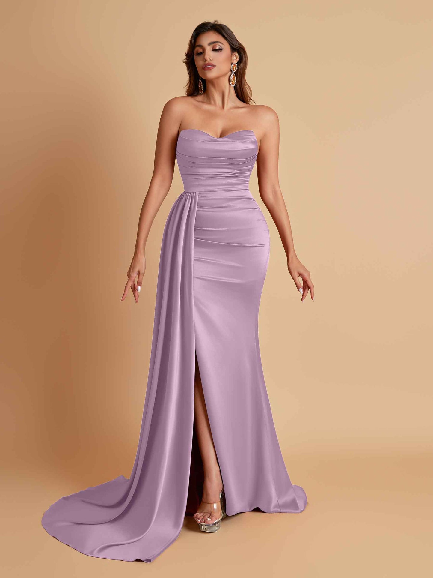Elegant Soft Satin Sweetheart Strapless Side-Slit Mermaid Bridesmaid Dresses