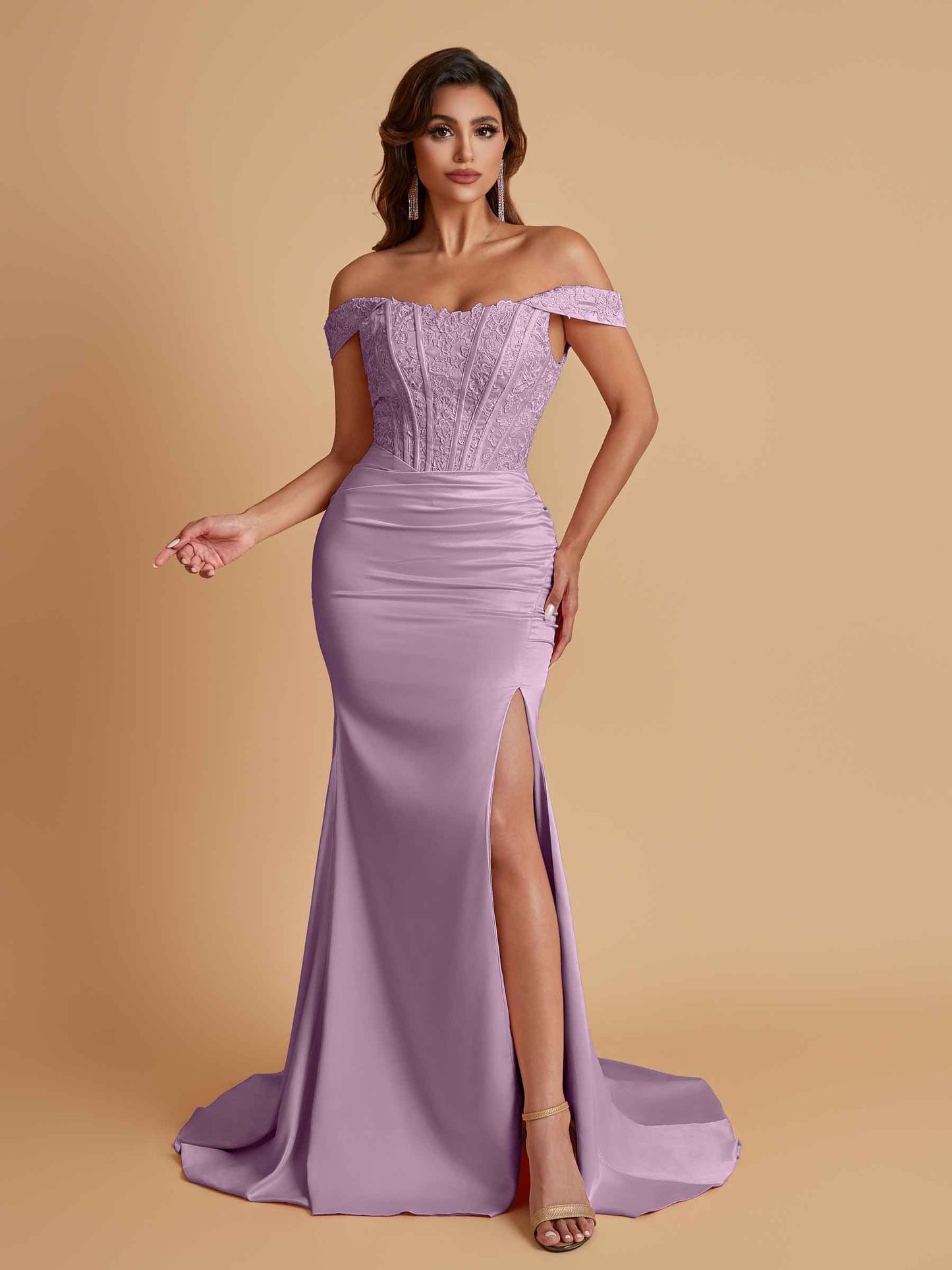 Elegant Soft Satin Mermaid Off Shoulder Side Slit Floor-Length Mermaid Bridesmaid Dresses