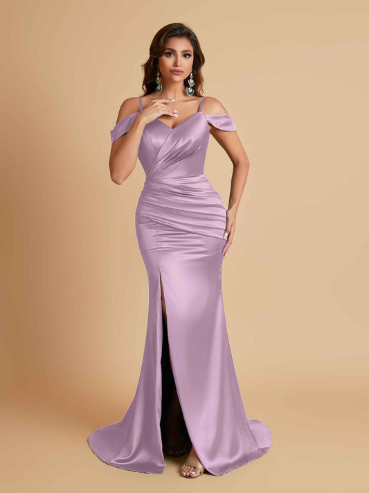 Sexy Soft Satin Mermaid Off Shoulder Side Slit Floor-Length Mermaid Bridesmaid Dresses