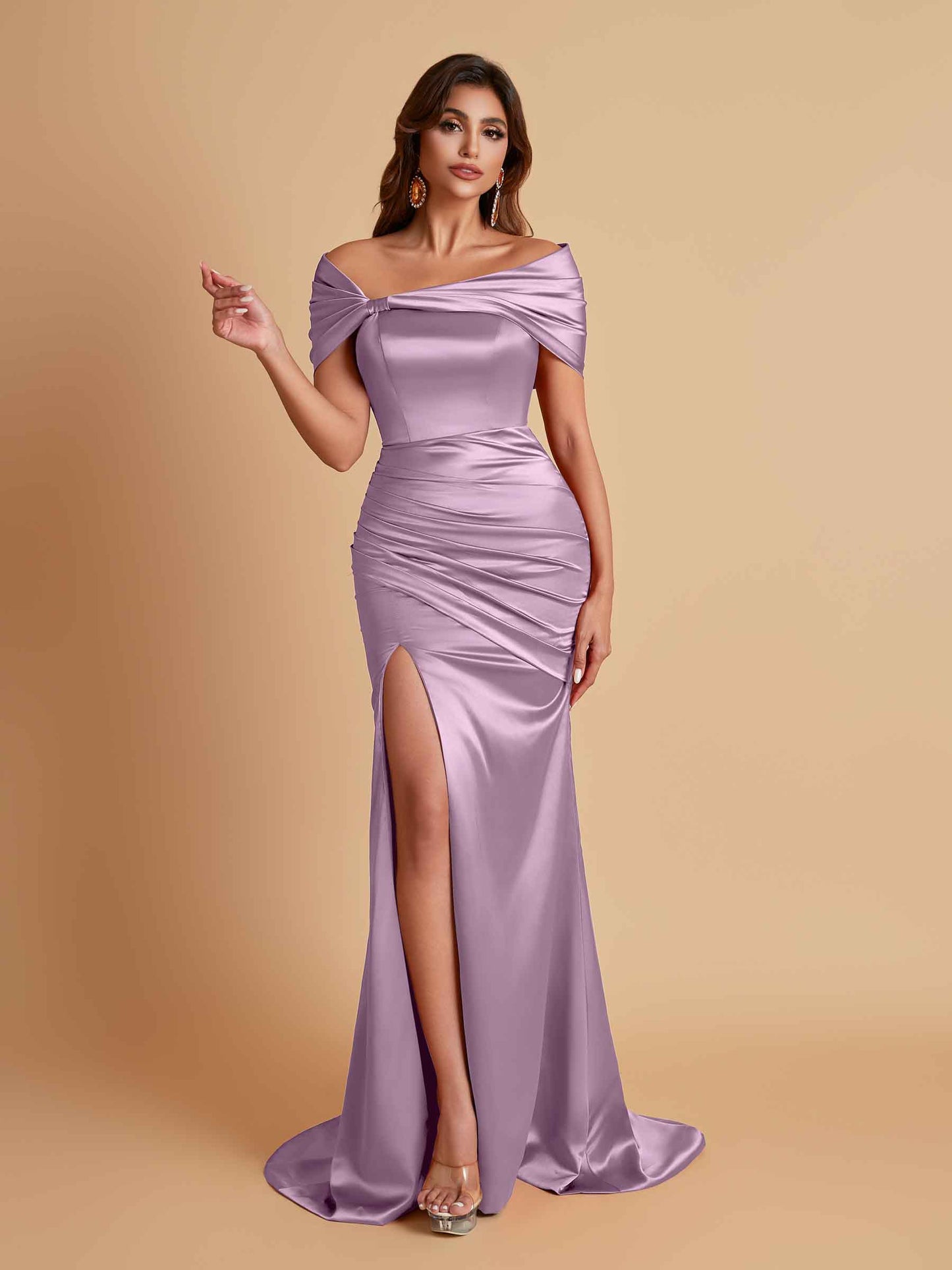 Elegant Soft Satin Off-the-shoulder Side-Slit Mermaid Bridesmaid Dresses