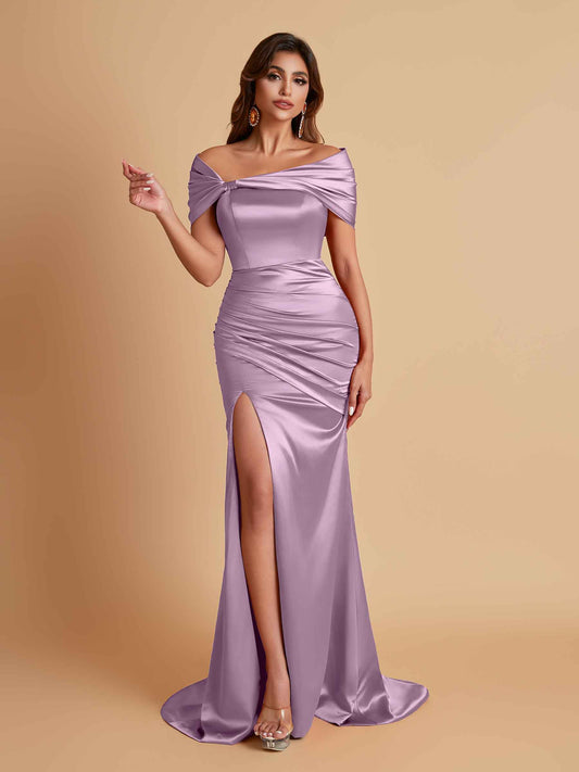Elegant Soft Satin Off-the-shoulder Side-Slit Mermaid Bridesmaid Dresses