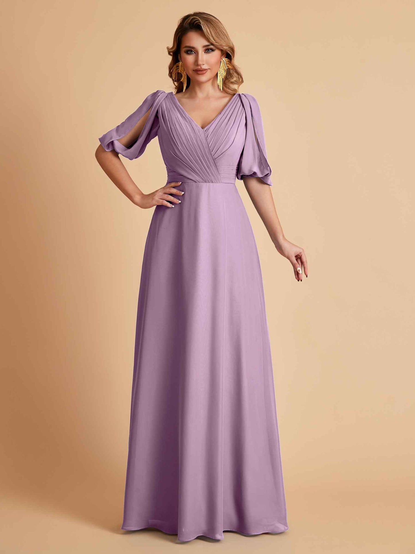 Elegant A-Line Chiffon Half Sleeves V-Neck Mother of the Brides Dresses Online