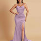 Sexy Spaghetti Straps V Neck Soft Satin Side Slit Floor-Length Mermaid Bridesmaid Dresses