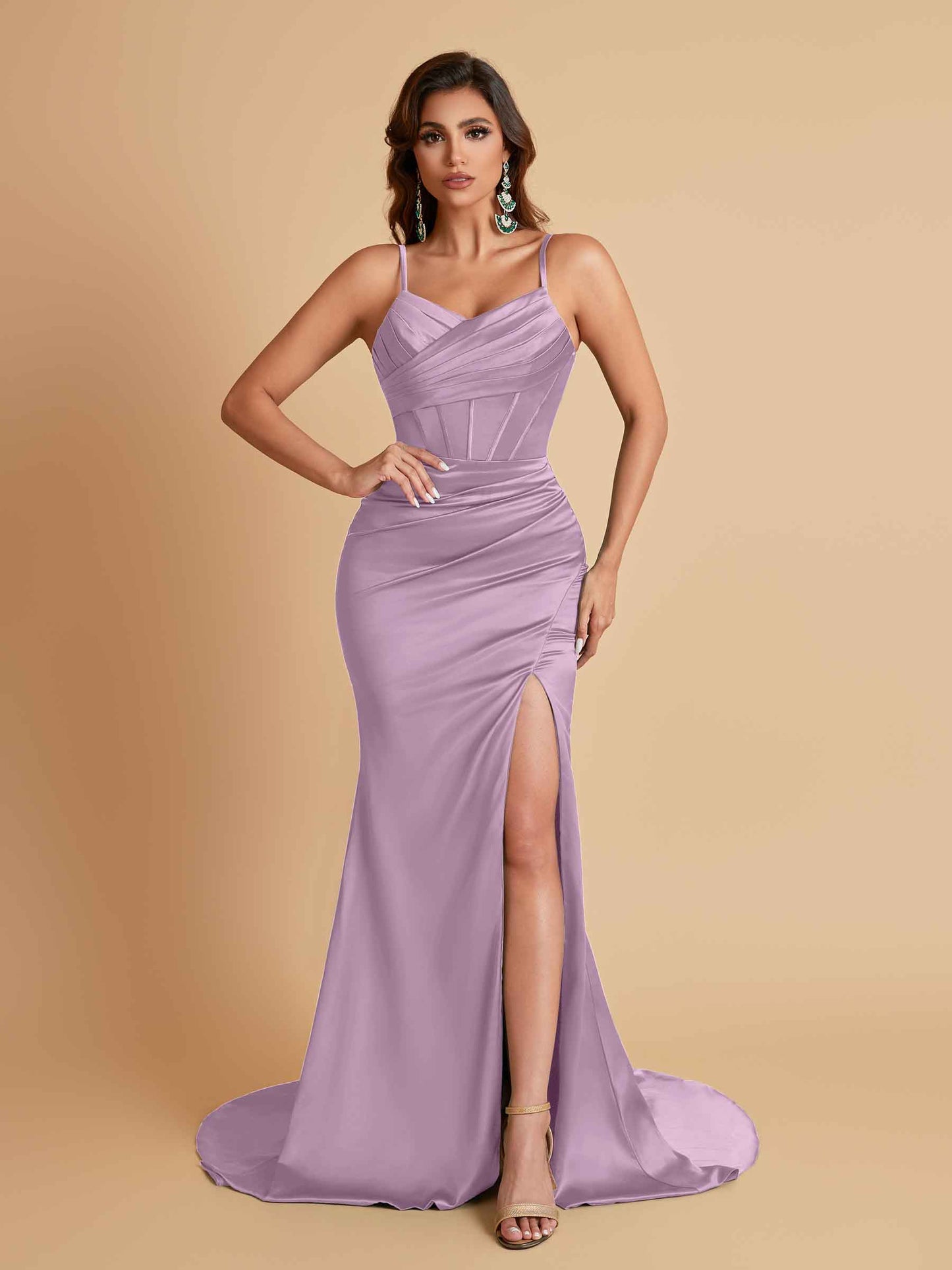 Sexy Spaghetti Straps V Neck Soft Satin Side Slit Floor-Length Mermaid Bridesmaid Dresses