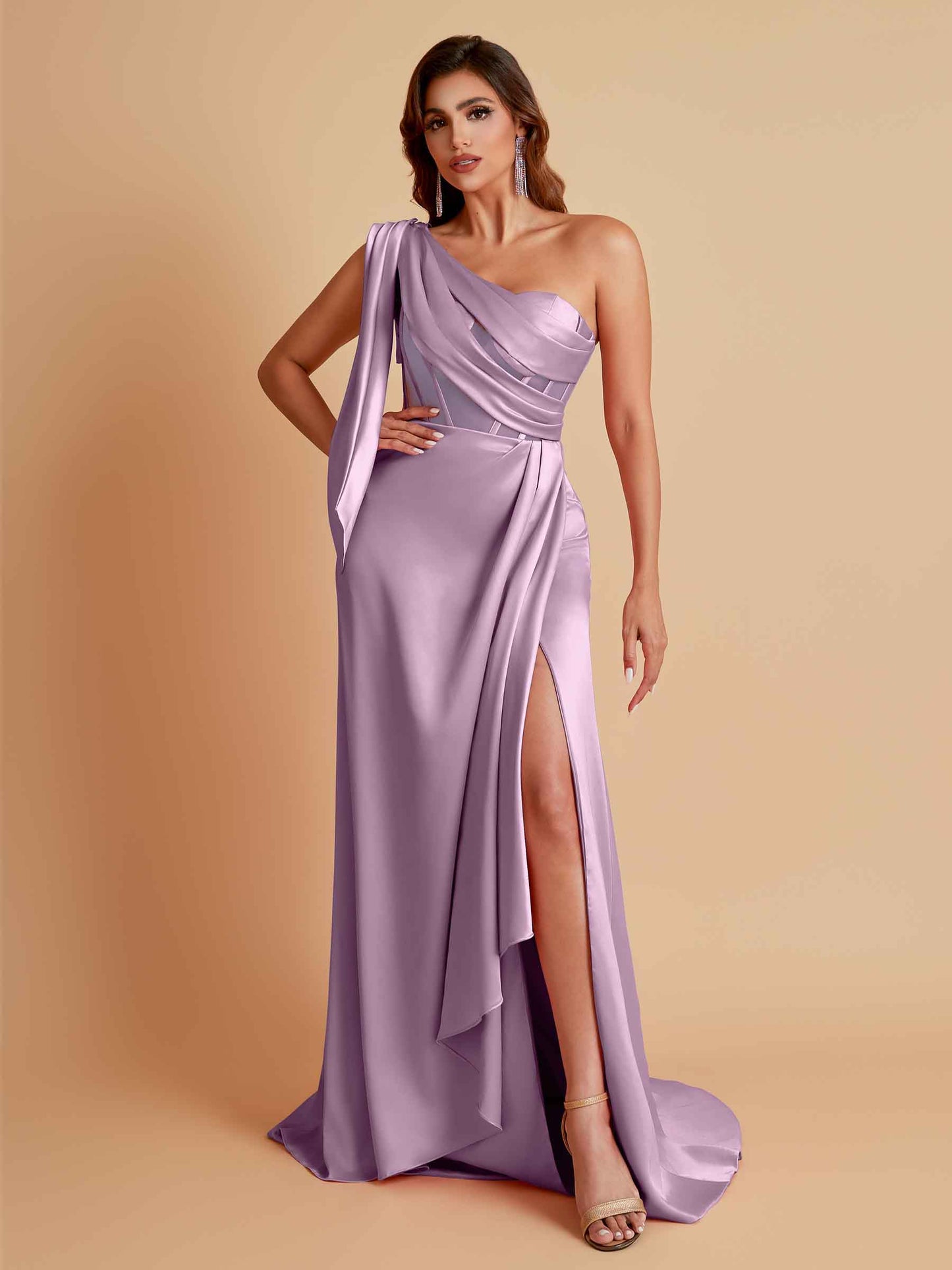 Sexy Soft Satin Mermaid One Shoulder Asymmetrical Side Slit Floor-Length Bridesmaid Dresses