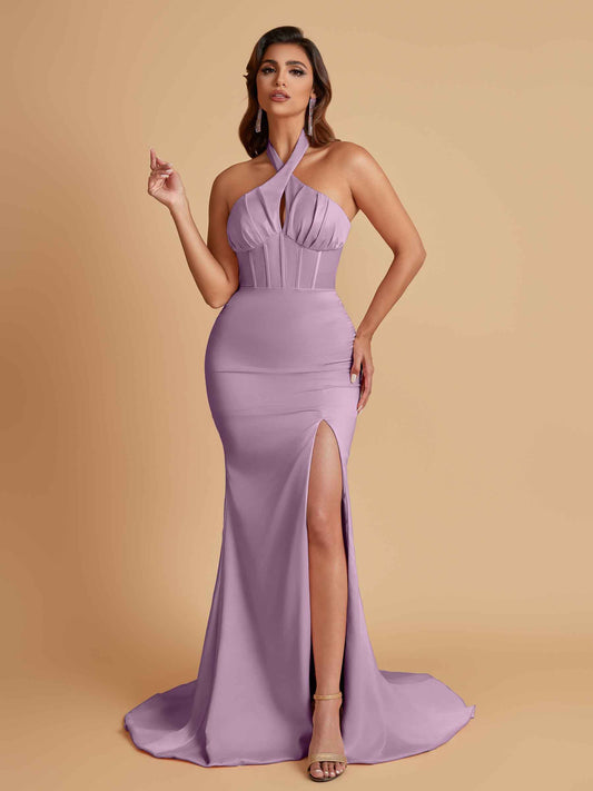 Elegant Soft Satin Mermaid Halter Side Slit Floor-Length Bridesmaid Dresses Online
