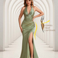 Sexy Halter Satin V-neck Mermaid Corset Top Long Bridesmaid Dresses