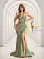 Sexy Halter Satin V-neck Mermaid Corset Top Long Bridesmaid Dresses