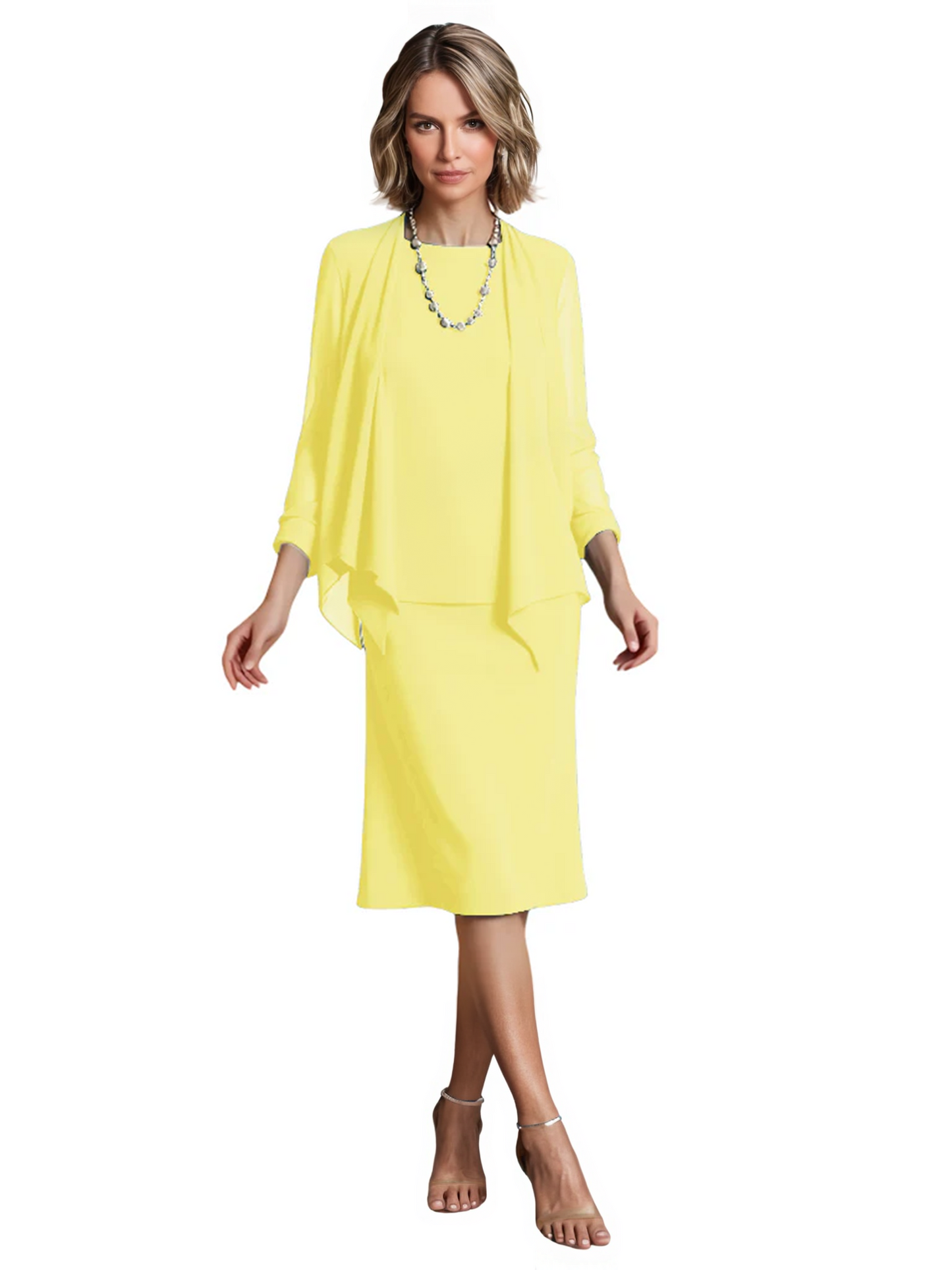 3 PCS Knee-Length Mother of Bride Dresses Prom Dress Evening Dress with Sheer Sleeves and Jacket