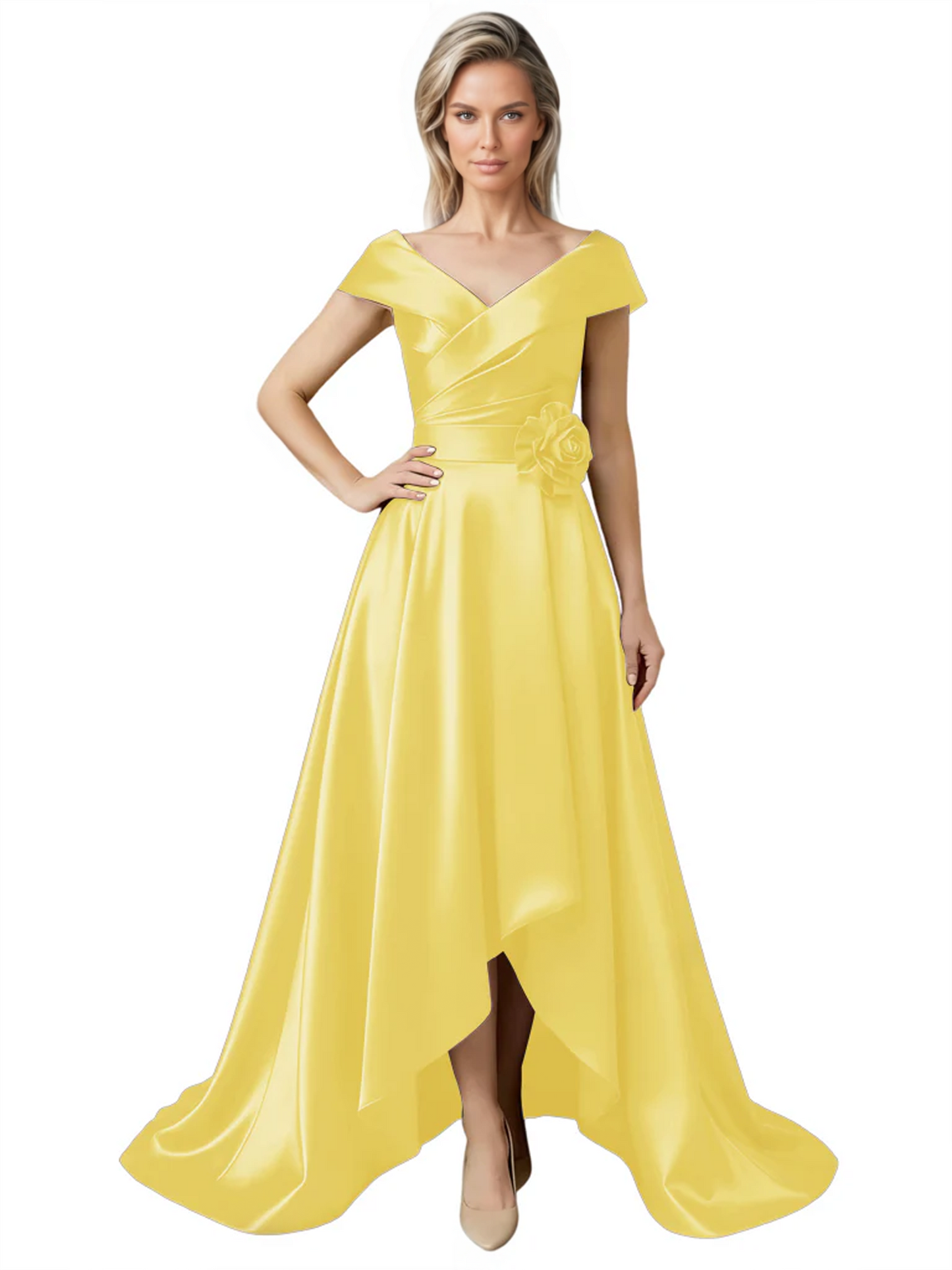 Off Shoulder Mother of the Bride Dress High-Low Satin Gown with Portrait Neckline