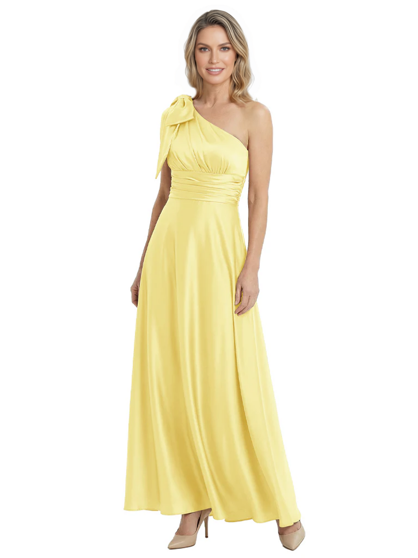 One-Shoulder Mother of the Bride Dress Satin Gown with Bow Ruched Empire Waist