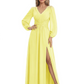A-Line Mother of Bride Dress V-Neck Chiffon Gown Long Sleeves Slit Formal Dress