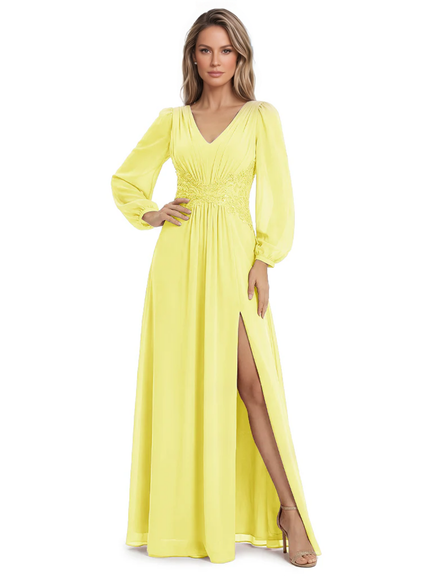 A-Line Mother of Bride Dress V-Neck Chiffon Gown Long Sleeves Slit Formal Dress