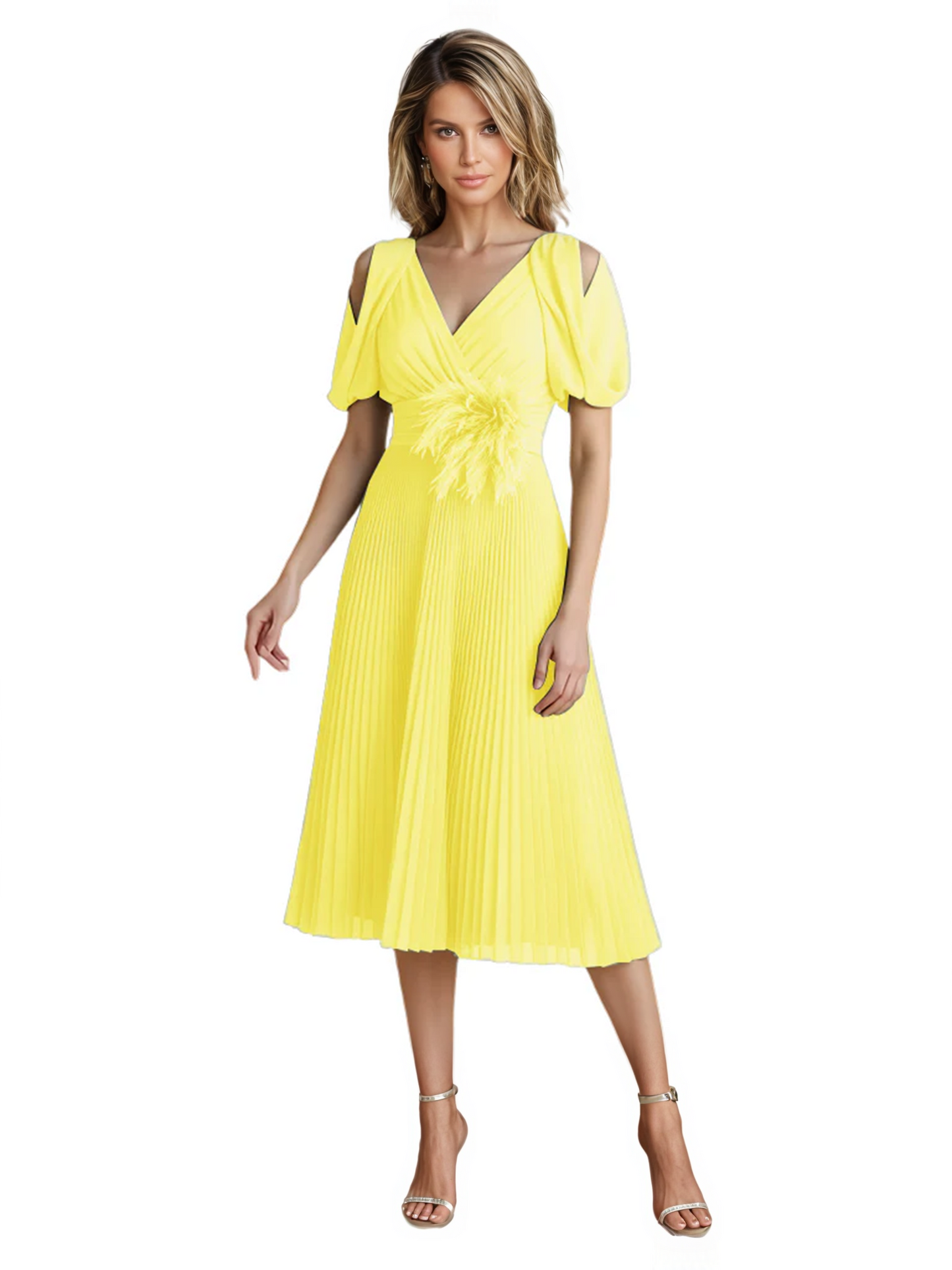 Wedding Formal Dress V-Neck Pleated Chiffon Gown with 3D Flower Accent Knee Length