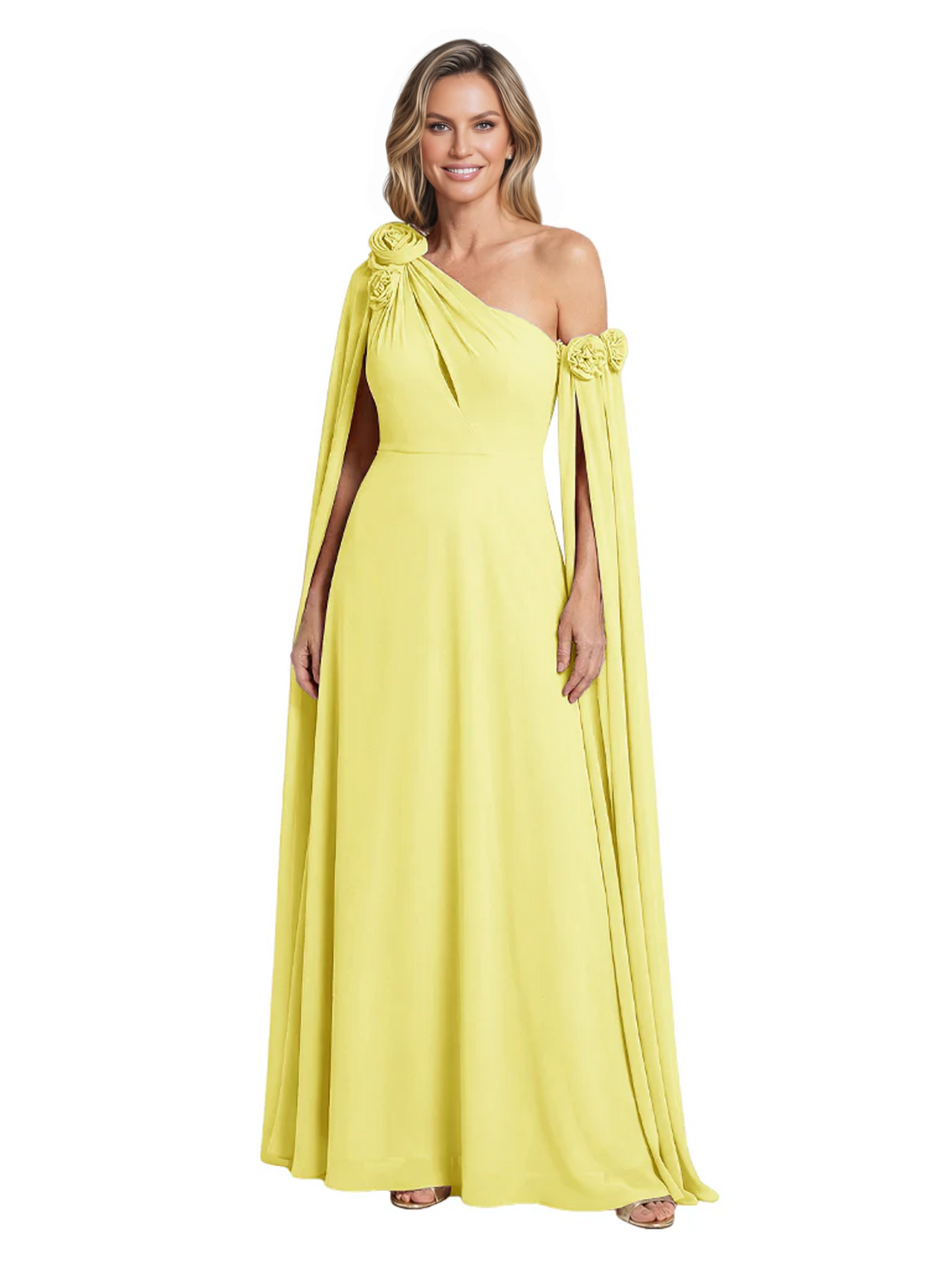 One Shoulder Mother of the Bride Dress Asymmetrical Cape Sleeve Gown with Floral